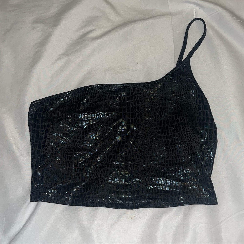 Shiny black snake skin one shoulder crop top